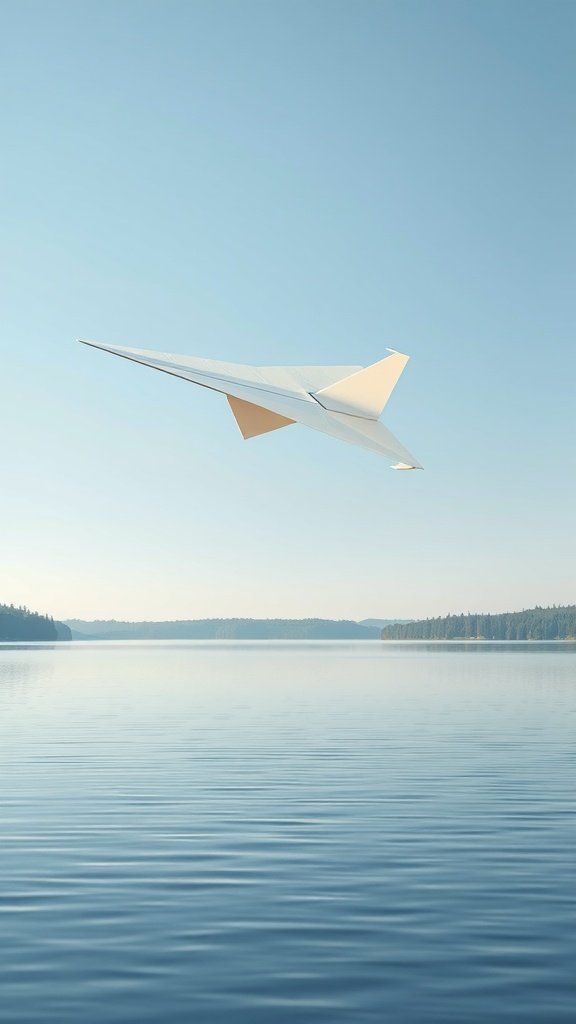 Un avión de papel volando sobre un lago tranquilo con un cielo despejado.