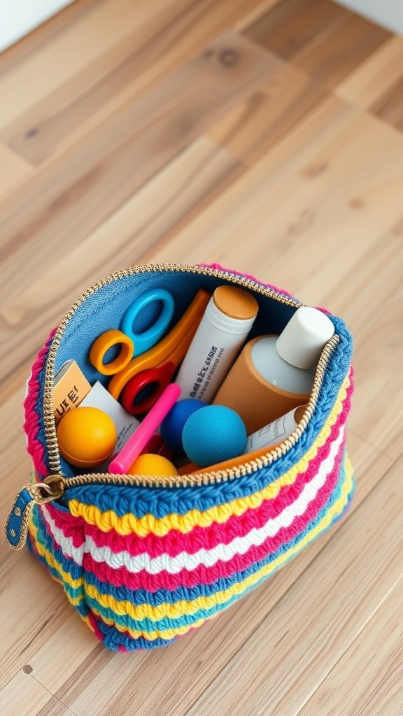 Bolsa de crochet colorida con cremallera llena de varios artículos