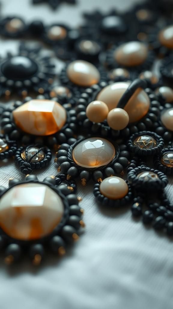 Bordado Escultural Con Piedras Grandes y Elementos Ónix