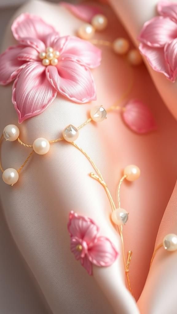 Bordado Floral Con Cristales y Perlas Delicadas