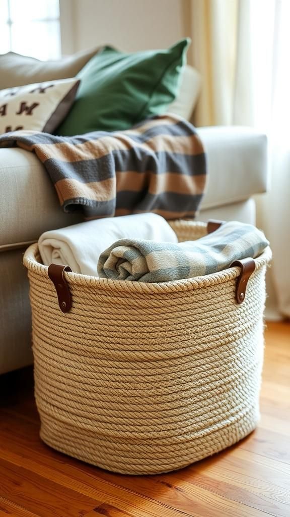 Farmhouse Rope Basket For Blankets Or Toys