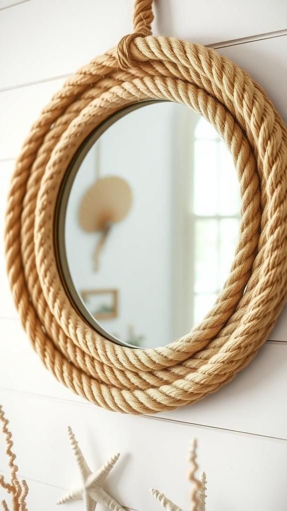 Nautical Jute Rope Mirror With Seashell Accents