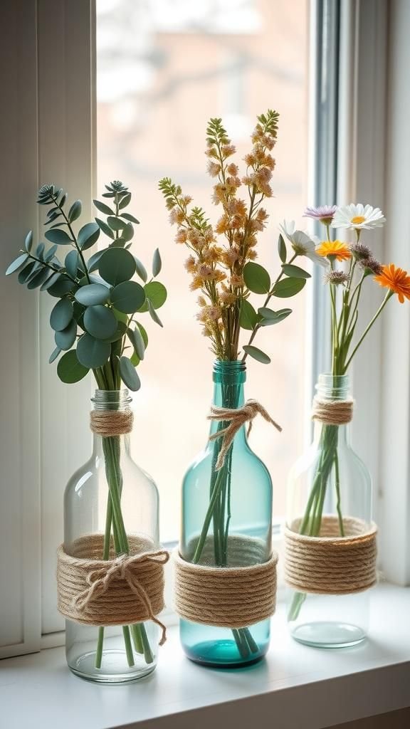Rope-Wrapped Glass Bottle Vases With Charm