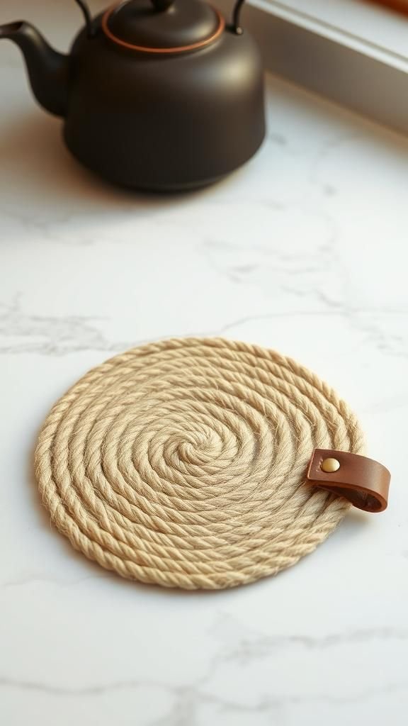 Round Trivet In Spiral Jute With Leather Tabs