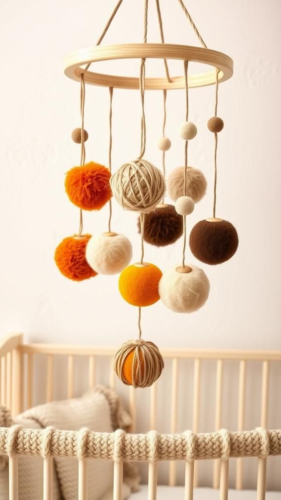 Móvil Con Pompones De Lana En Tonos Tierra