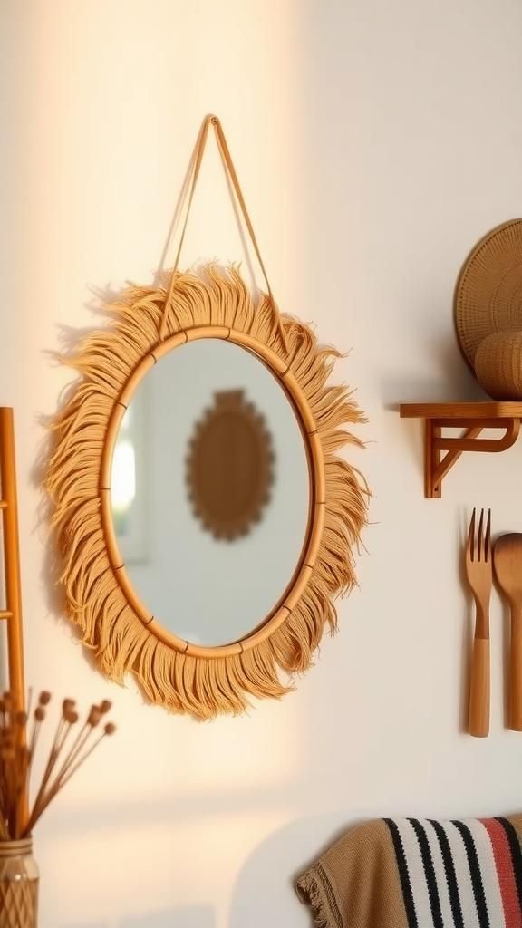 Miroir Frangé Avec Cerceau Bambou Visible