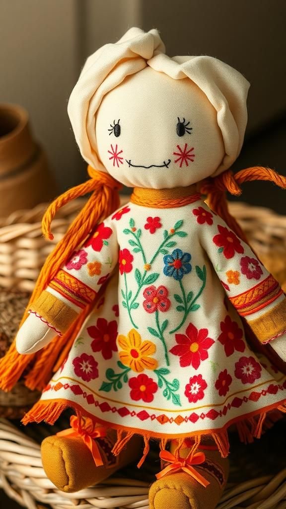 Muñeca Campesina De Tela Con Bordados Regionales