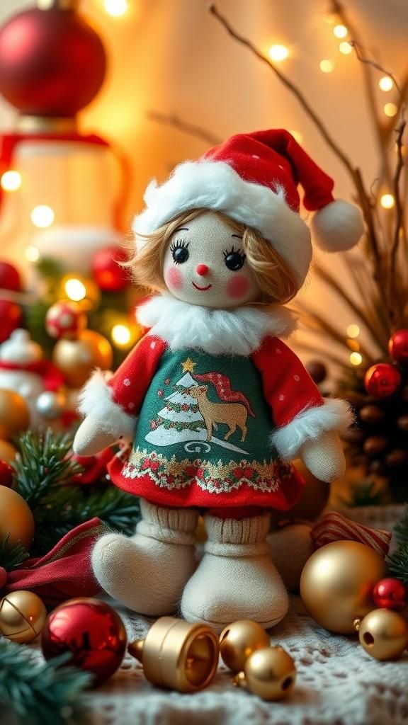 Muñeca Navideña De Tela Con Detalles Festivos