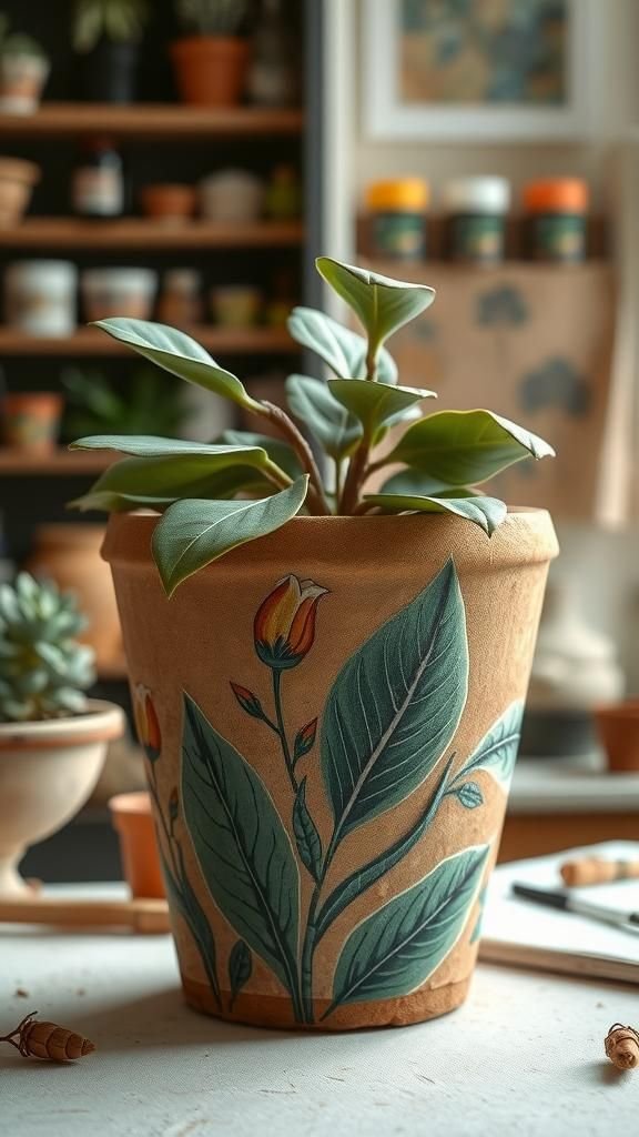 Thème Botanique Peint À La Main Sur Pots