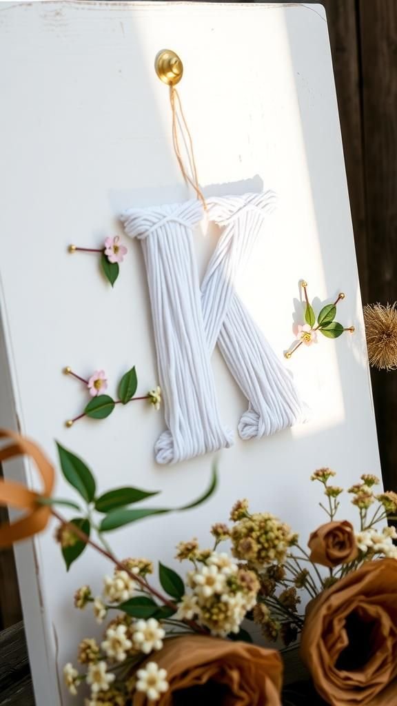Floral Monogram String Art on Whitewashed Plank