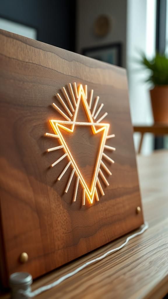 Geometric Triangle Burst on Walnut Stained Board