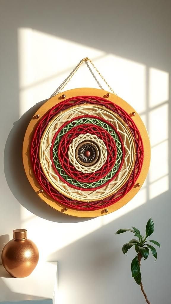 Radiant Mandala String Art on Round Wood Panel