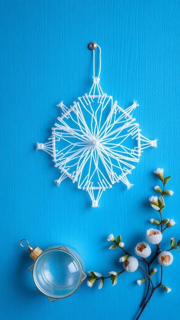 Snowflake String Art on Icy Blue Textured Panel