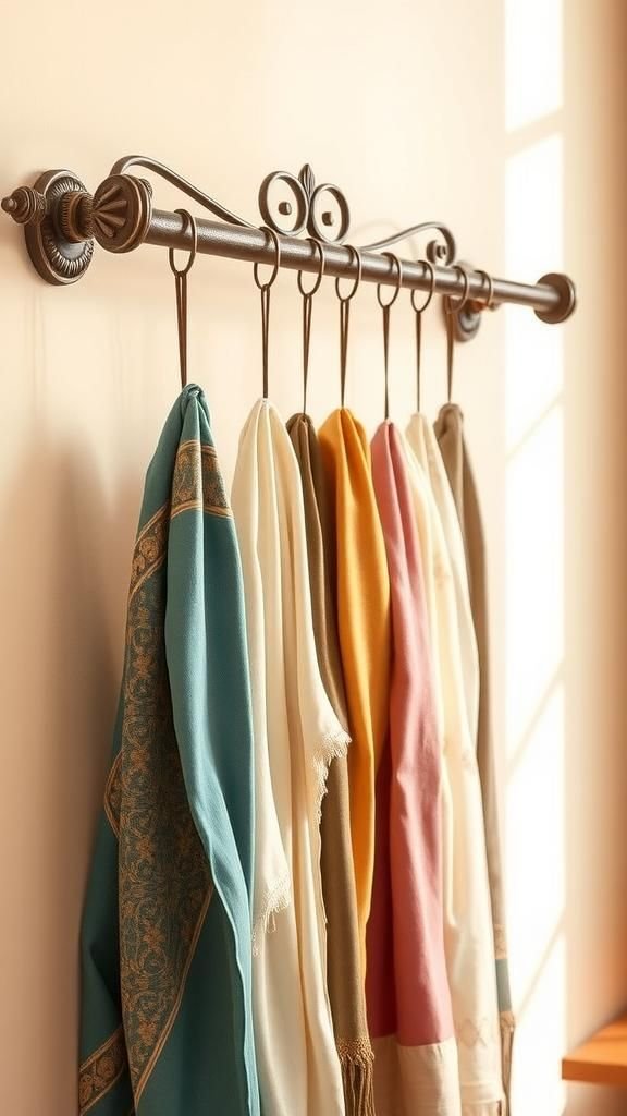 Curtain rod scarf hanger that doubles as decor