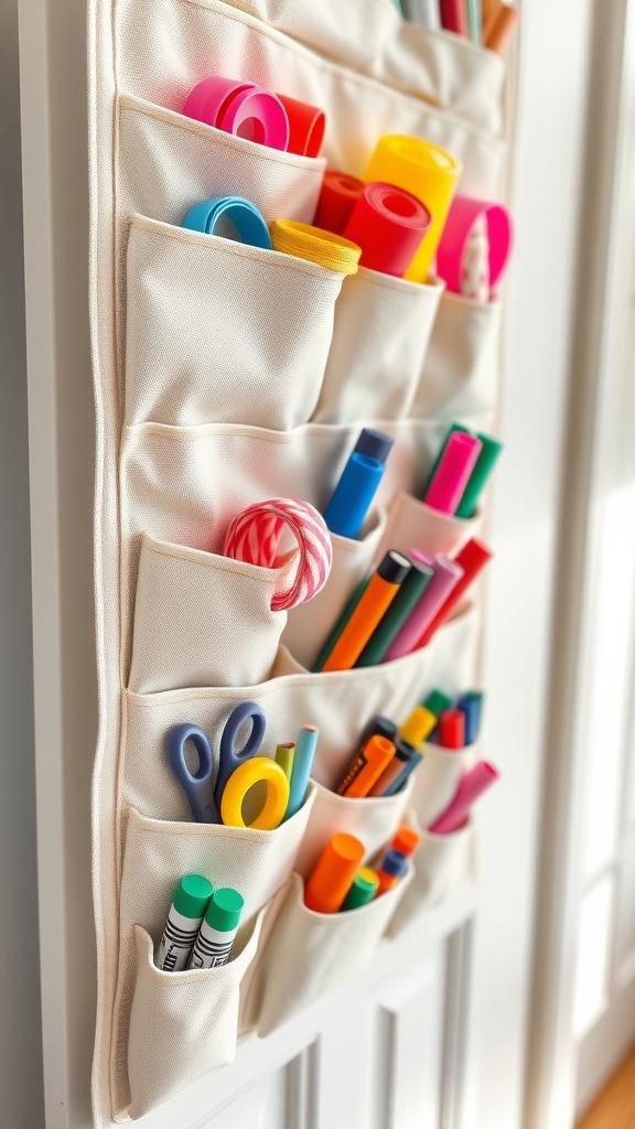Hanging fabric organizer turned craft supply station