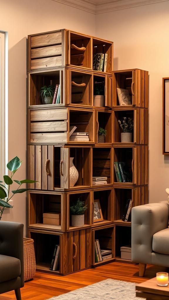 Modular wooden crate cubes stacked into shelving