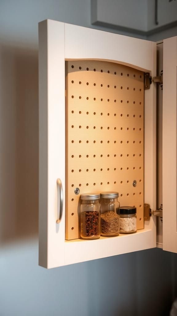 Pegboard spice rail inside a cabinet door