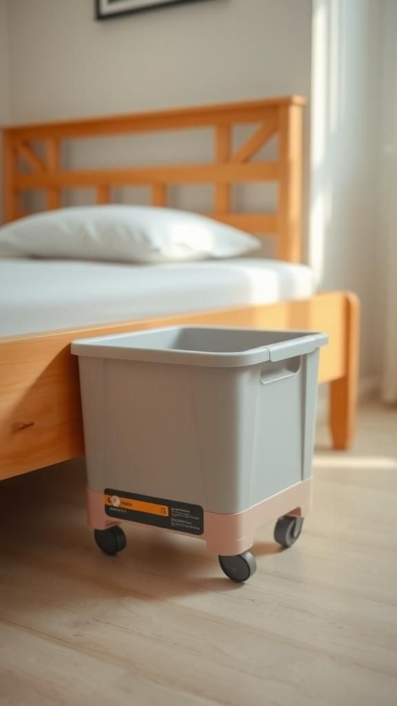 Roll-away under-bed storage with labeled bins