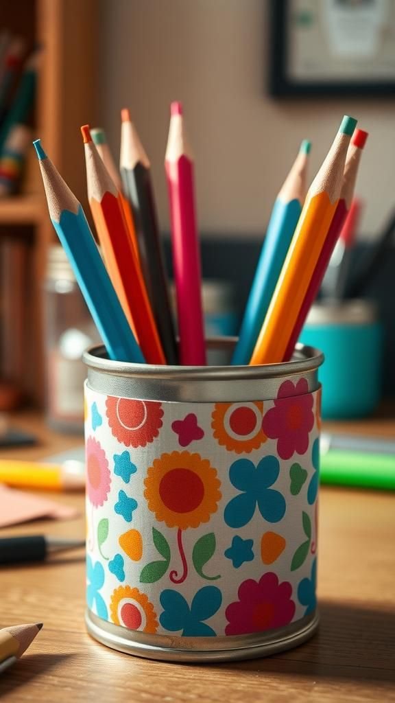 Upcycled tin can desk pen holder with patterned wrap