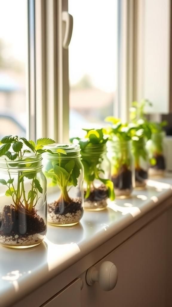 Herb windowsill planters made from jars