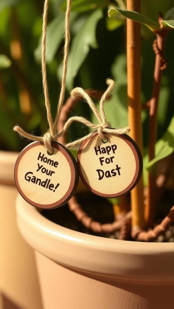 Charmed twine tags with tiny wooden discs