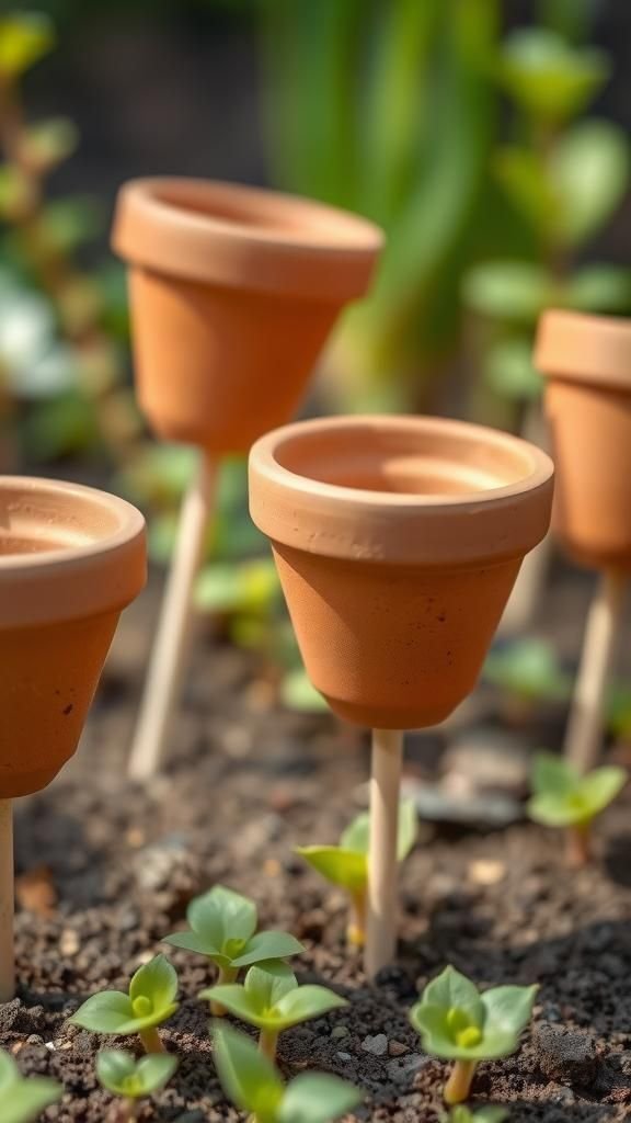 Mini terracotta pots as upright plant signs