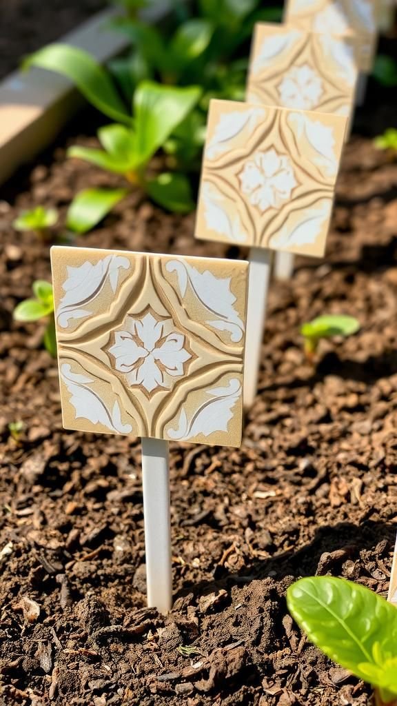 Old tile samples as durable garden markers