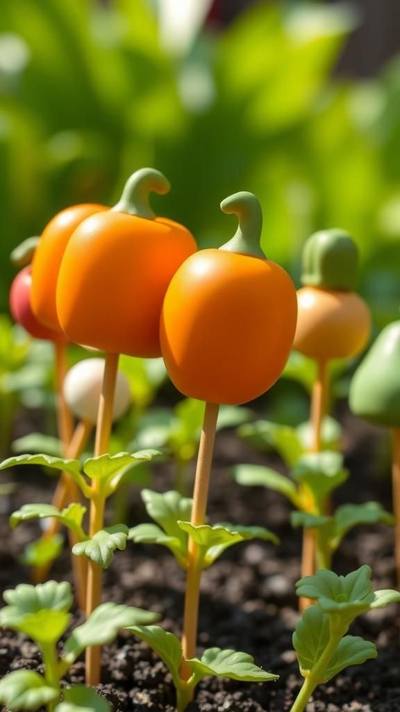 Polymer clay veggie icons on thin stakes