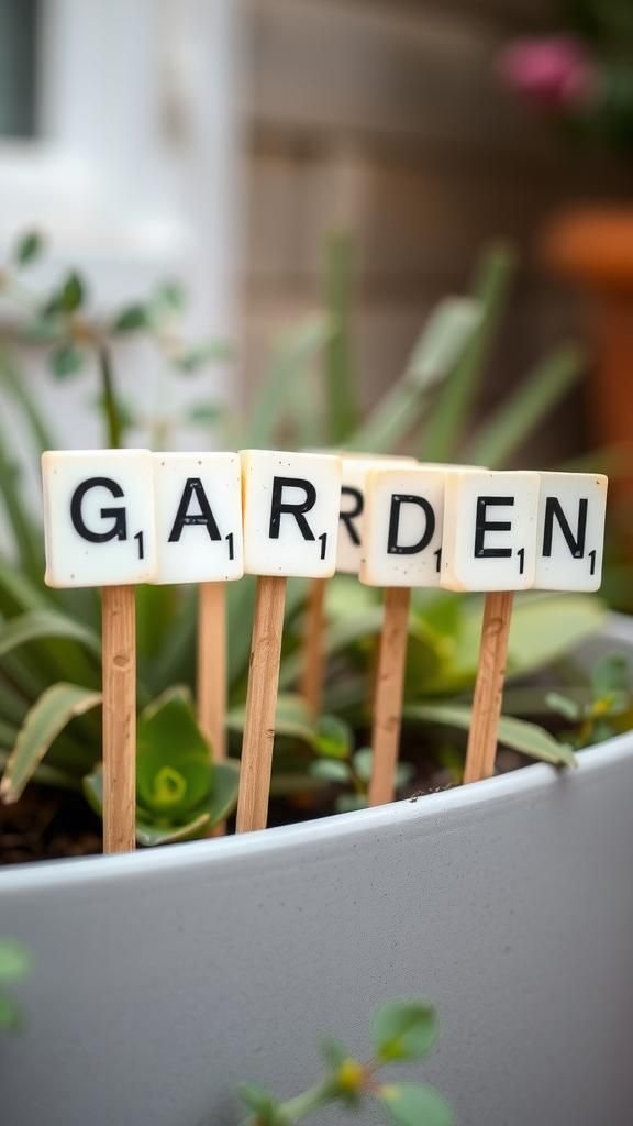 Scrabble tile stakes for playful little labels