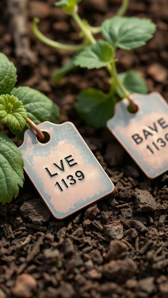 Stamped copper tags with gentle patina finish