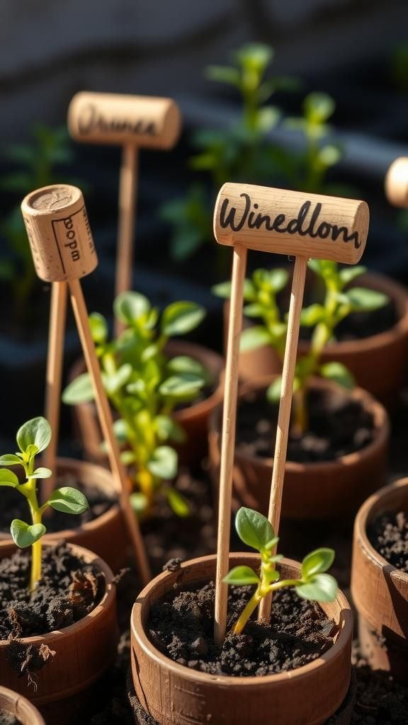 Whimsical wine cork seedling stakes for pots