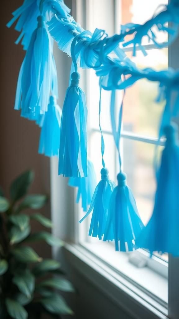 Crepe paper blue tassel garland with soft texture