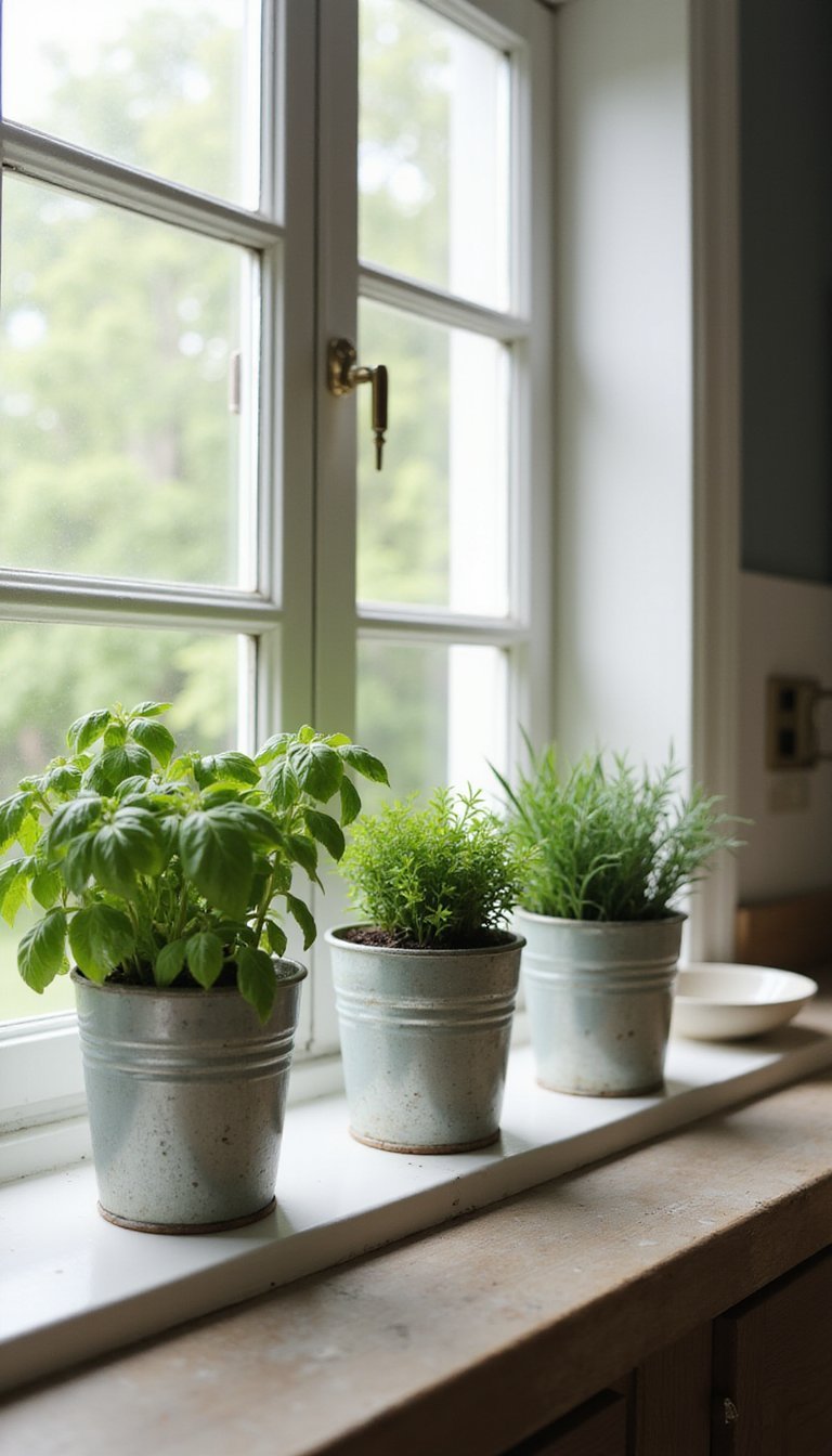 Mini herb garden in recycled tins