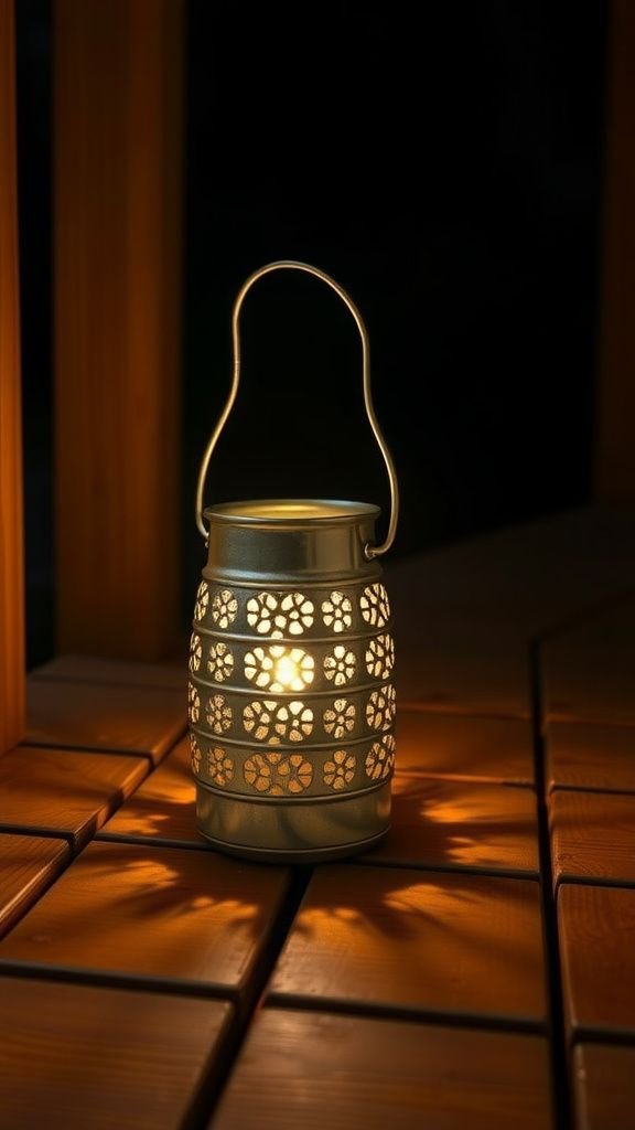 Tin can lanterns glowing on a porch night
