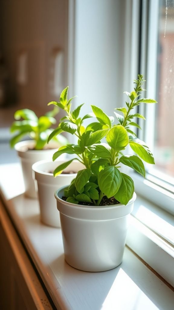 Yogurt pot herb garden on a sunny sill