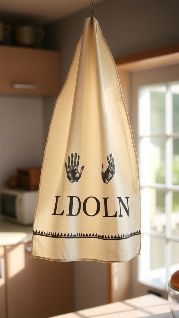 Stamped linen tea towel with playful motifs