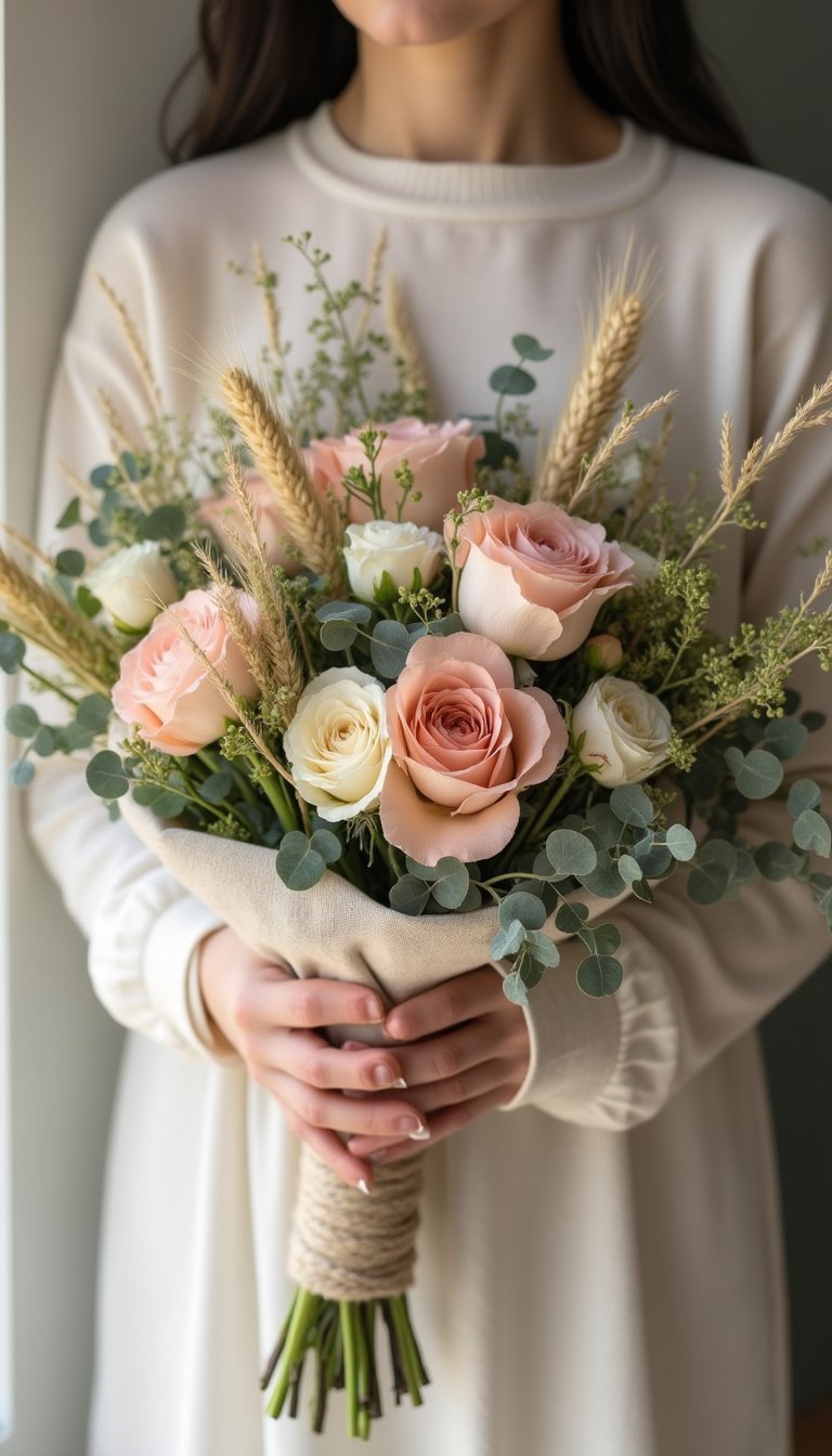 A keepsake bouquet wrapped in linen and twine