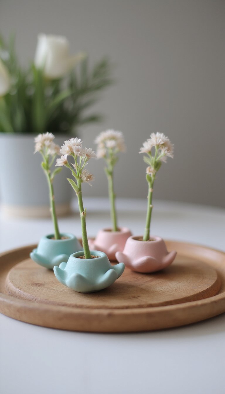 Clay bud holders shaped like tiny blossoms