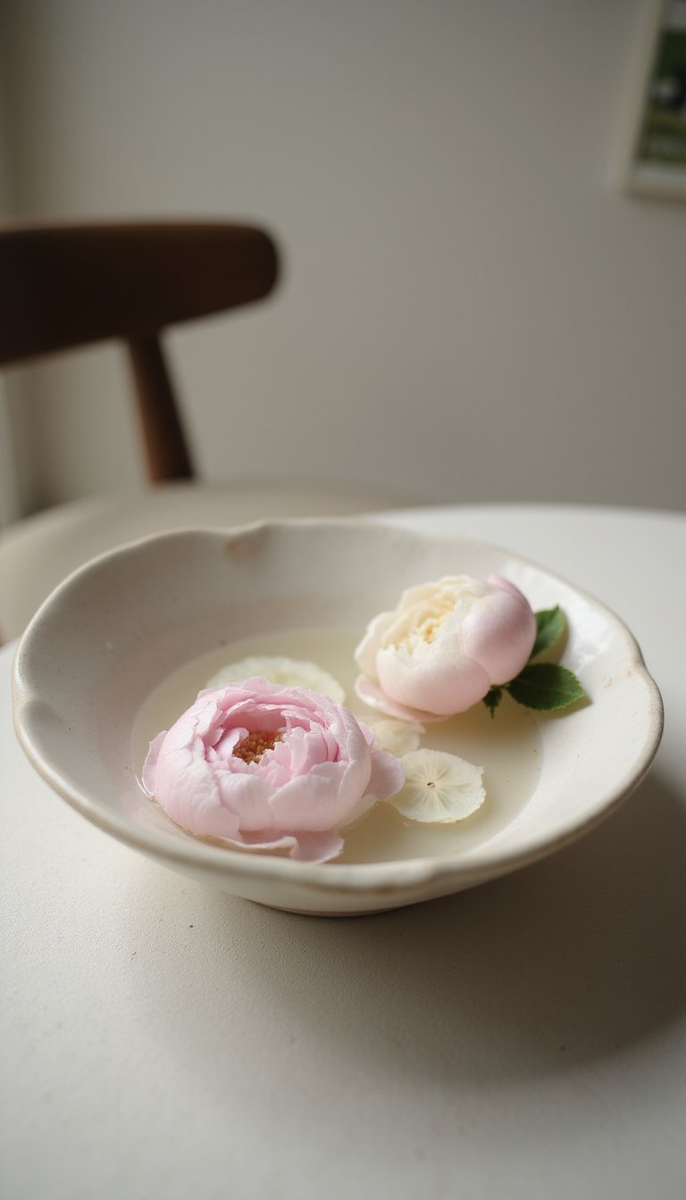 Floating flowers in a shallow bowl centerpiece