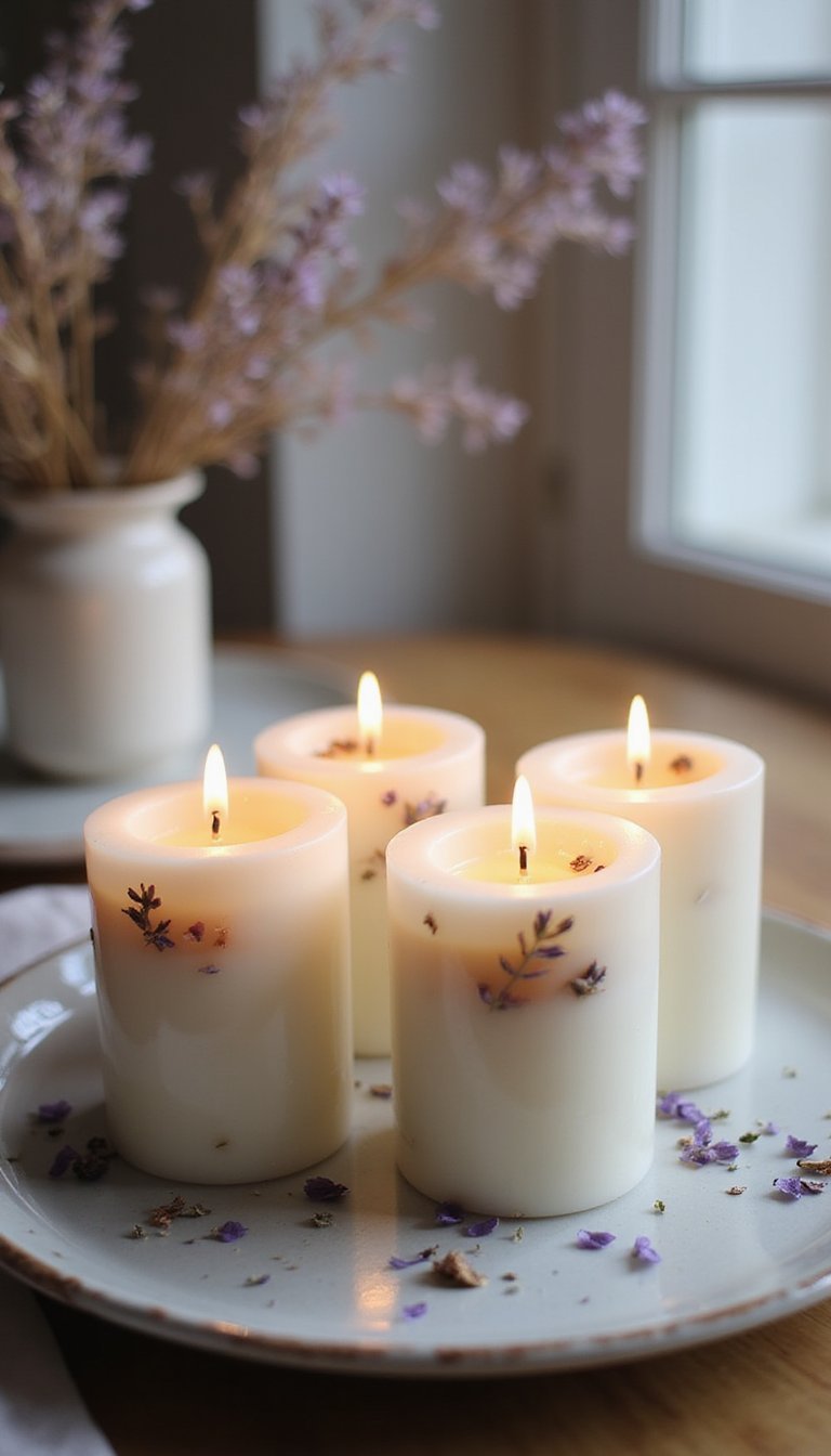 Flower-embedded candles for a soft centerpiece