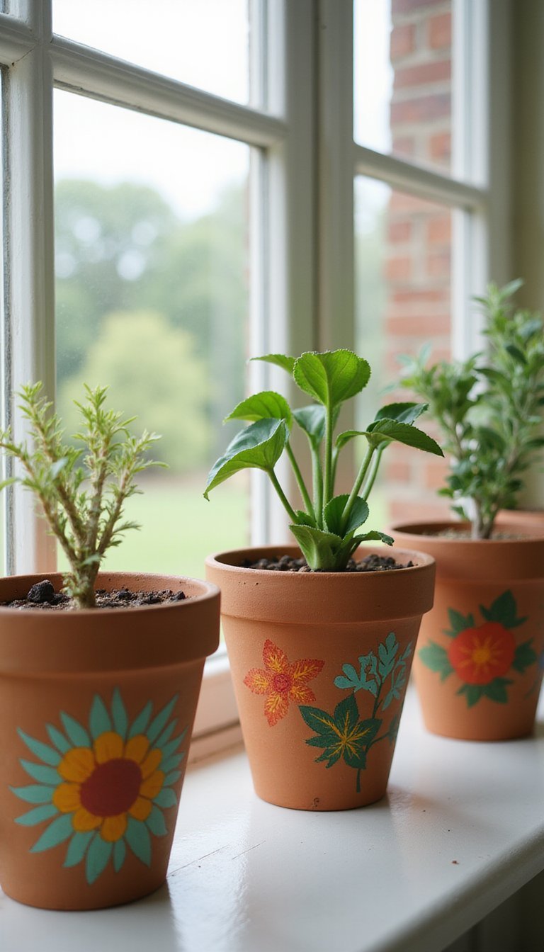 Hand-painted terracotta pots with floral motifs