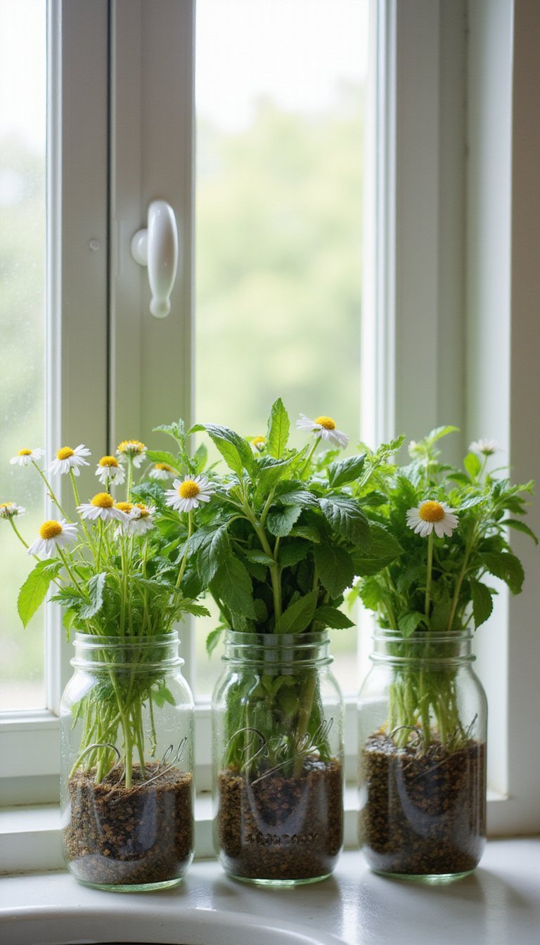Mason jar herb-and-bloom arrangement idea