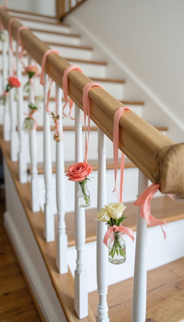 Mini hanging bud vases down a staircase rail
