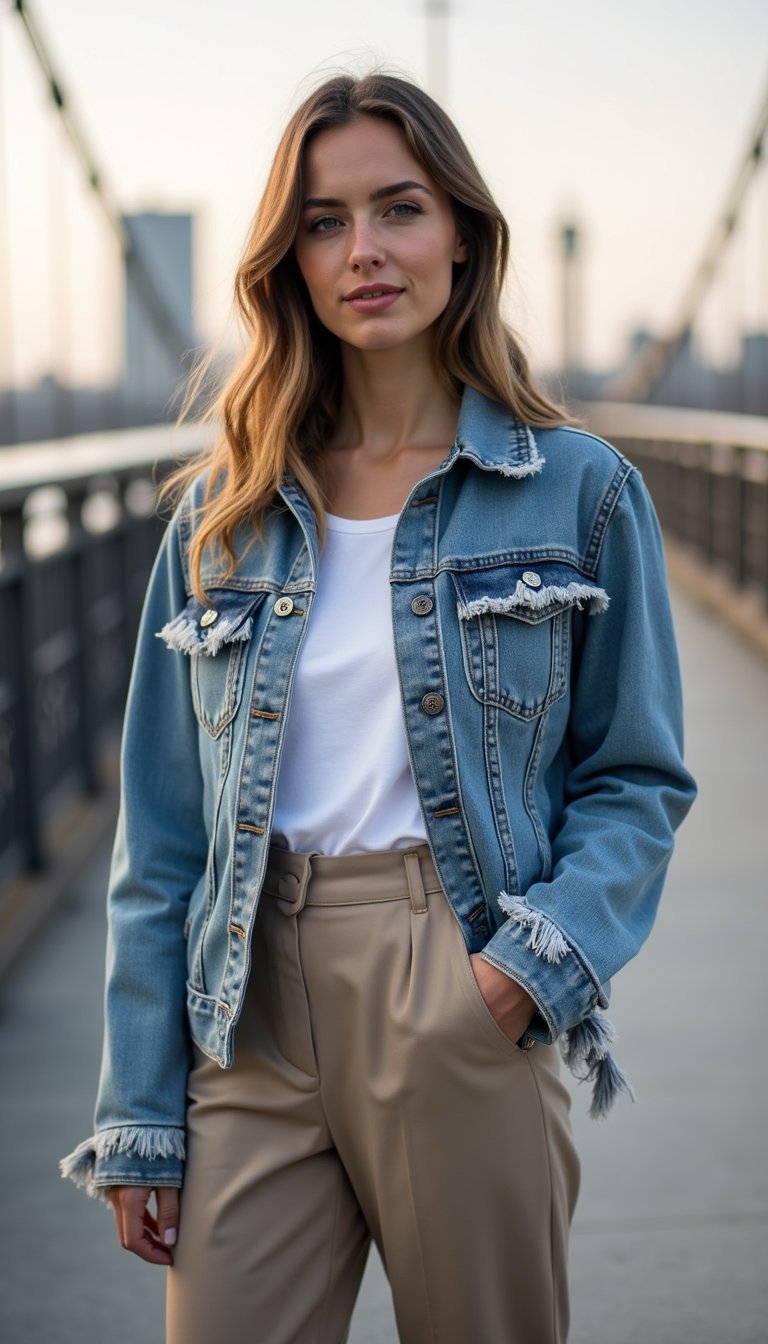 Denim Jacket with Frayed Trim