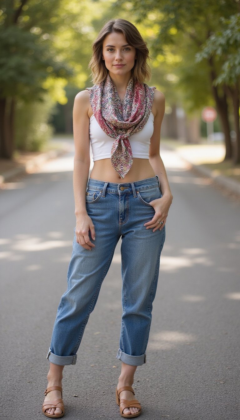 Scarf Halter with Mom Jeans