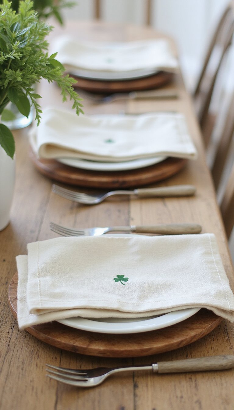Hand-stamped linen napkins with tiny clovers