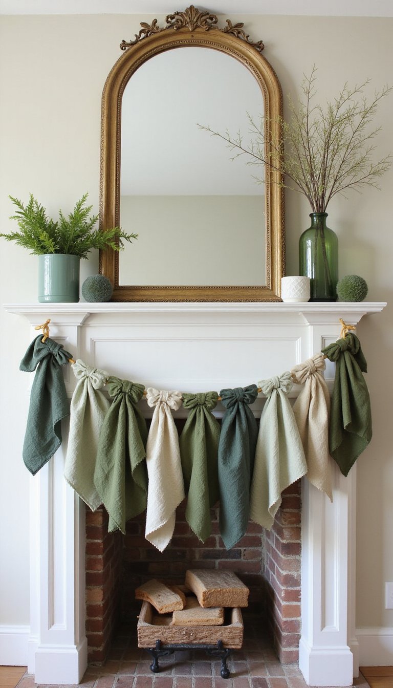 Knotted fabric bunting in green hues