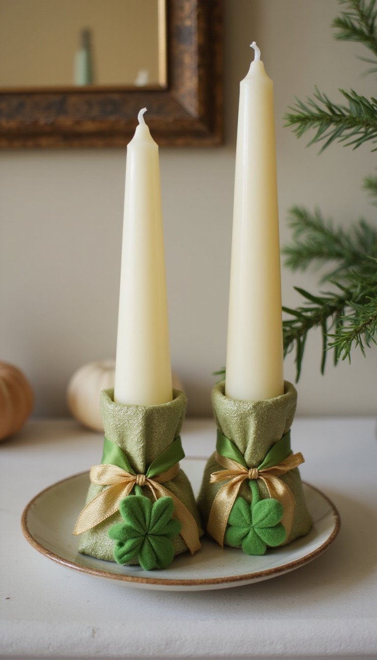 Ribbon-wrapped candle bundles for soft glow