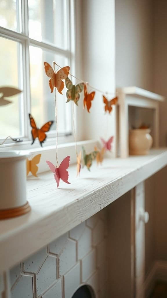 Butterfly garland drifting across a mantel
