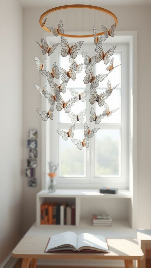 Hanging mobile of layered translucent butterflies